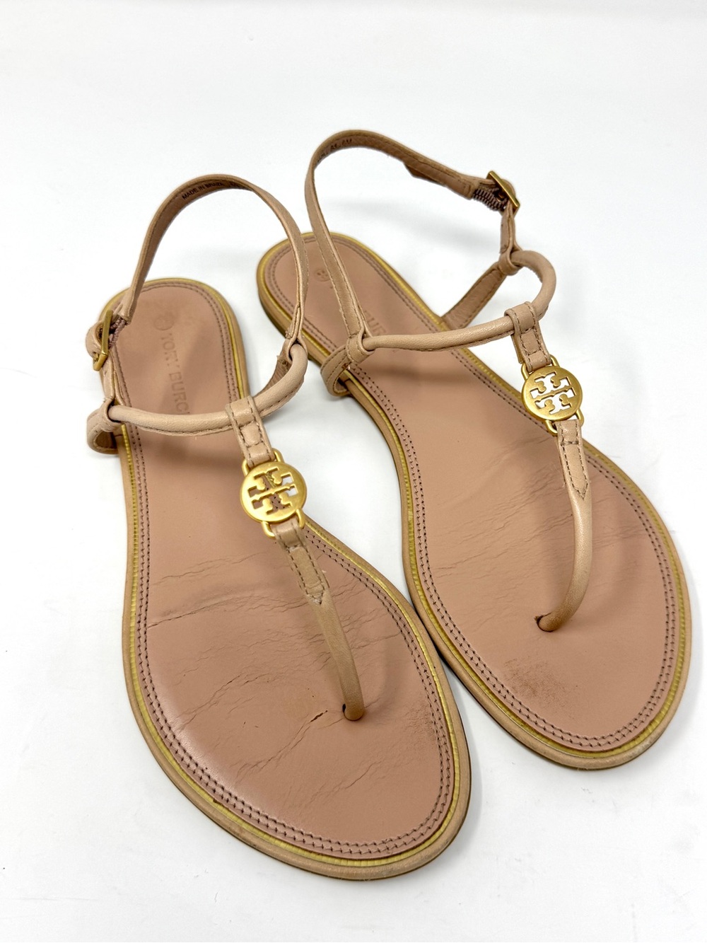 Tory Burch Nude Tan Leather Logo T-Strap Sandals